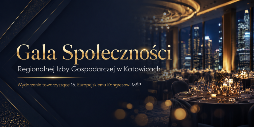 Grafika wydarzenia, częściowo jednolite ciemne tło. W części znajduje się widok na salę i nakryte stoły. Na grafice widnieje napis Gala Społeczności Regionalnej Izby Gospodarczej w Katowicach