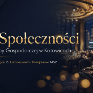 Grafika wydarzenia, częściowo jednolite ciemne tło. W części znajduje się widok na salę i nakryte stoły. Na grafice widnieje napis Gala Społeczności Regionalnej Izby Gospodarczej w Katowicach